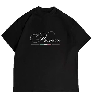 T-shirt classica in cotone nero con stampa Prosecco e strisce tricolore stile bandiera
