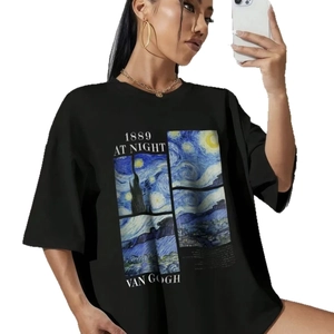 Women's black oversized cotton T-shirt featuring Van Gogh's Starry Night and 1889 print