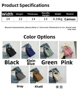 Detailed size chart and multi-color options for the canvas tote bag with side pockets