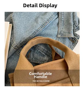 Close-up of durable reinforced khaki canvas handles on a stylish commuter tote bag