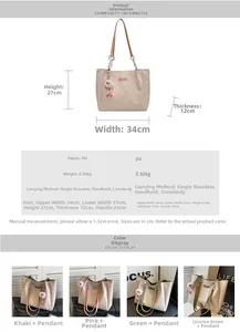 Detail showing checkered tote bag dimensions and various colors with plush charm
