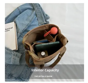 Macro view of canvas tote bag interior with multiple compartments and organized storage