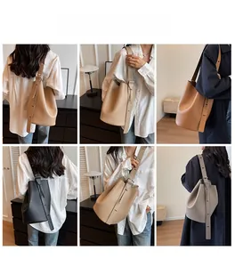 Multi-color bucket bags in pebbled leather with adjustable straps for daily commuting