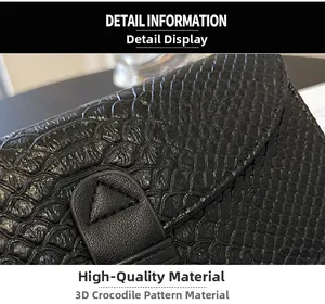 Detailed close-up of premium black crocodile pattern texture and fine stitching on wallet