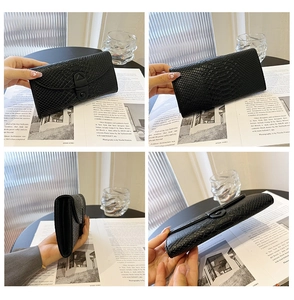 Collage of black crocodile embossed long wallet showing front, back and side details