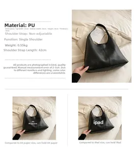 Detailed dimensions of the black pebbled PU tote bag showing A4 and iPad capacity