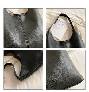 Detailed views of high-capacity black leather hobo bag with reinforced stitching