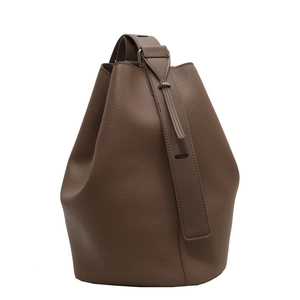 Minimalist dark brown leather bucket bag for women with wide shoulder strap design