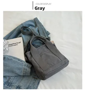 Detail of dark grey canvas tote with wide webbed handles on denim jacket backdrop