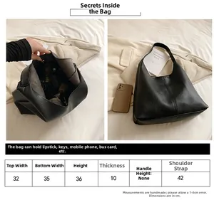 Detailed size chart and internal capacity layout for the large black leather tote bag