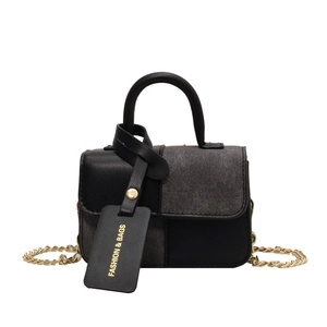Chic color-block square handbag in black and grey leather with gold chain strap
