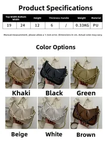 Size chart and dimensions for pleated cloud bag with chain strap in six diverse colors