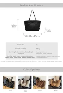 Detailed size specifications and color options for the woven diamond lattice tote bag