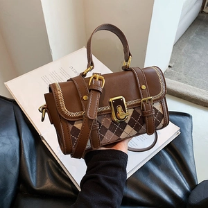 Vintage Women Handbag PU Leather Argyle Patchwork Boston Bag Gold Hardware Shoulder Crossbody Bag Retro Academic Style