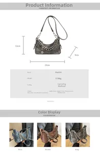 Detailed size specifications for the denim patchwork crossbody bag with chain accent
