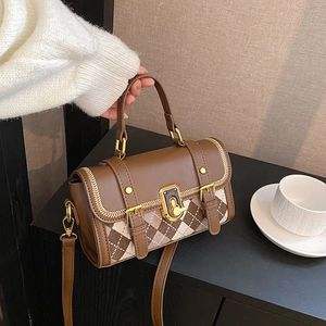 Retro Boston handbag with brown faux leather and plaid tweed, top handle and crossbody strap