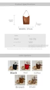 Size chart for large faux leather bucket tote bag showing dimensions and colors