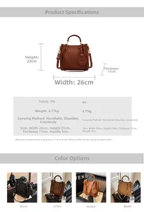 Detailed size specifications and material view of the PU leather bucket handbag