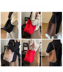 Collage showing stylish suede tote bags in various colors like black, red, and brown