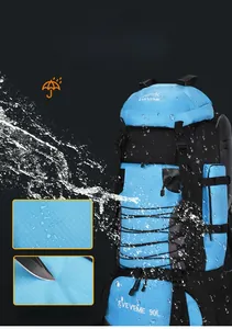 Detail of 90L hiking backpack showing water-resistant and scratch-proof fabric features