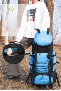 Outdoor 90L blue mountaineering backpack with waterproof fabric and multi-strap design