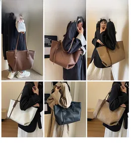 Collage of woven leather tote bags in six colors showing large capacity and style
