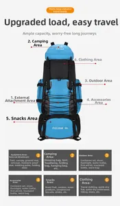 Detail view of 90L blue hiking backpack showing 6 functional storage compartments