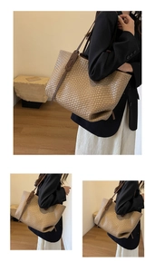 Detail of woven lattice pattern on large camel leather tote bag for women