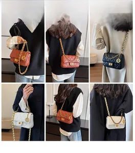 Multiple views showing women quilted crossbody bag with gold chain strap in three colors