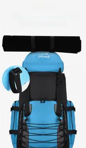 Detailed view of 90L hiking backpack showing durable top hooks and blue nylon fabric