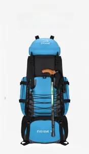 Detail view of the front elastic hook system on a 90L professional hiking backpack