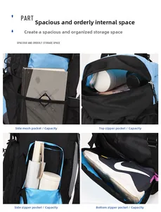 Detailed view of 90L hiking backpack featuring side mesh pockets and separate shoe compartment