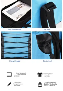 Detail view of a 90L blue hiking backpack with ripstop fabric and functional compartments