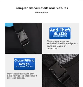 Detail view of anti-theft buckles and chest strap on a black 90L hiking backpack