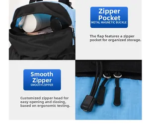 Detail of blue outdoor backpack showing large zipper pocket for organized storage