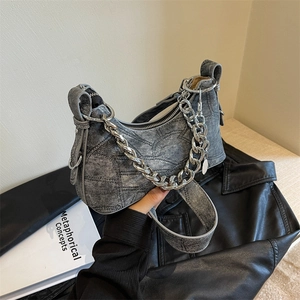 Retro grey denim crescent handbag with chunky silver chain and broad shoulder strap