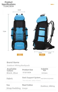 Detailed dimensions of 90L blue hiking backpack showing 75x25x35cm size and rain cover