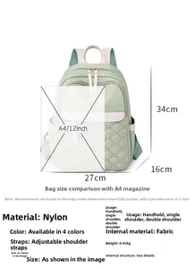 Detail view of water-resistant nylon backpack with quilted pattern and size comparison