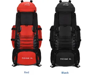 Front view of 90L outdoor hiking backpacks in red and black high-strength nylon