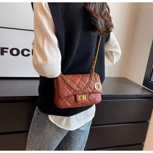 Close-up of brick red quilted crossbody bag with chain strap and metal charm detail
