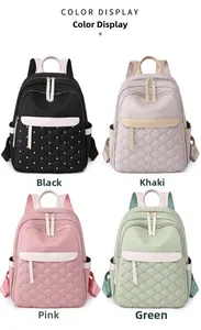 Detailed grid view of quilted nylon backpacks in black, khaki, pink, and green colors