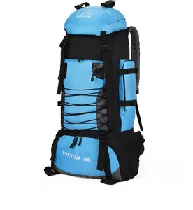 Side view of 90L hiking backpack showing large capacity and multi-layer storage compartments