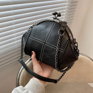 Vintage Shell Shape Tote Bag For Women PU Leather Contrast Stitching Kiss-lock Crossbody Shoulder Bag With Chain Strap