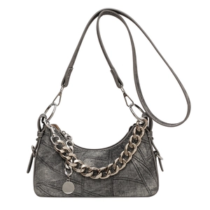 Vintage large capacity washed denim hobo bag in dark grey with metallic chain detail