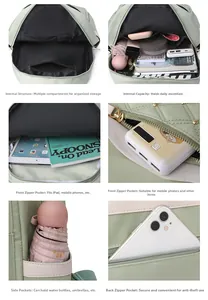 Detail view of light green nylon backpack compartments for tablet and daily items