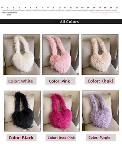 Six colors of plush heart-shaped shoulder bags shown with a 20cm measurement scale