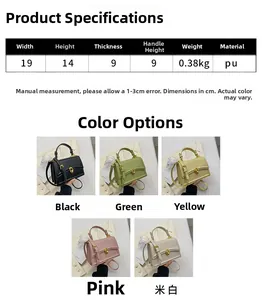Detailed size specifications and five available colors for this elegant PU leather handbag