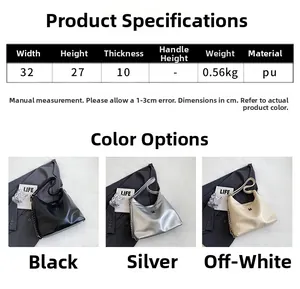 Detailed size chart and specifications for the minimalist PU leather tote bag with M logo