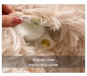 Macro detail of secure golden magnetic snap closure on beige faux fur plush handbag