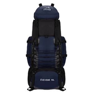 90L large capacity outdoor hiking backpack in navy blue and black for trekking